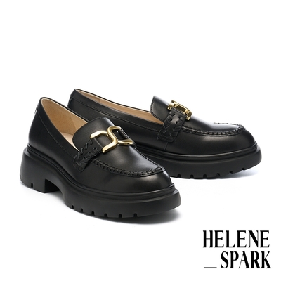厚底鞋 HELENE_SPARK 復古知性造型釦全真皮樂福厚底鞋-黑