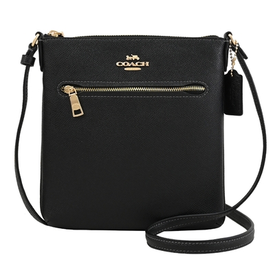 COACH 馬車LOGO荔紋皮革斜背扁包(黑)
