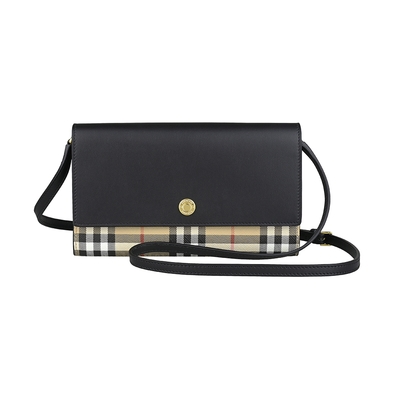 BURBERRY 巴寶莉 Hannah電鍍金屬LOGO高級小牛皮結合帆布按釦斜背長夾包(黑x米格紋)
