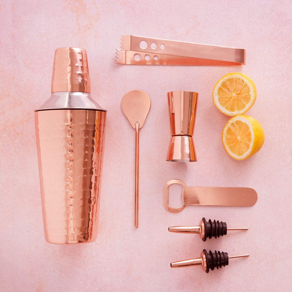 BarCraft》錘紋雪克杯+調酒工具組-玫瑰金-- 雪克杯搖酒器冰塊夾