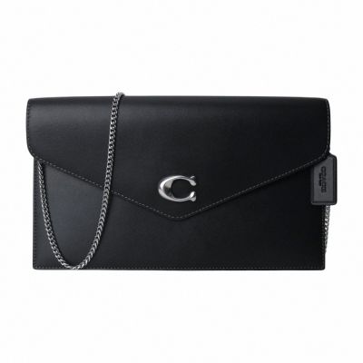 COACH 金屬C 滑面牛皮革信封式鍊帶手拿/斜背包(黑)