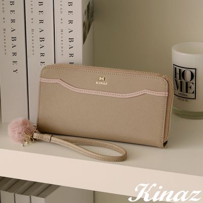 KINAZ 金絲蝴蝶結毛球腕帶牛皮ㄇ型拉鍊長夾-舞紗栗-芭蕾絮語系列