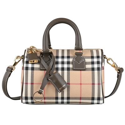BURBERRY 格紋塗層帆布小牛皮邊飾手提斜背保齡球包(經典米x墨綠)