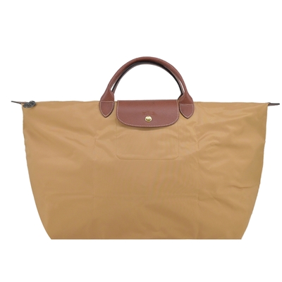 LONGCHAMP LE PLIAGE系列短把再生尼龍摺疊水餃旅行袋(大/小鹿棕)