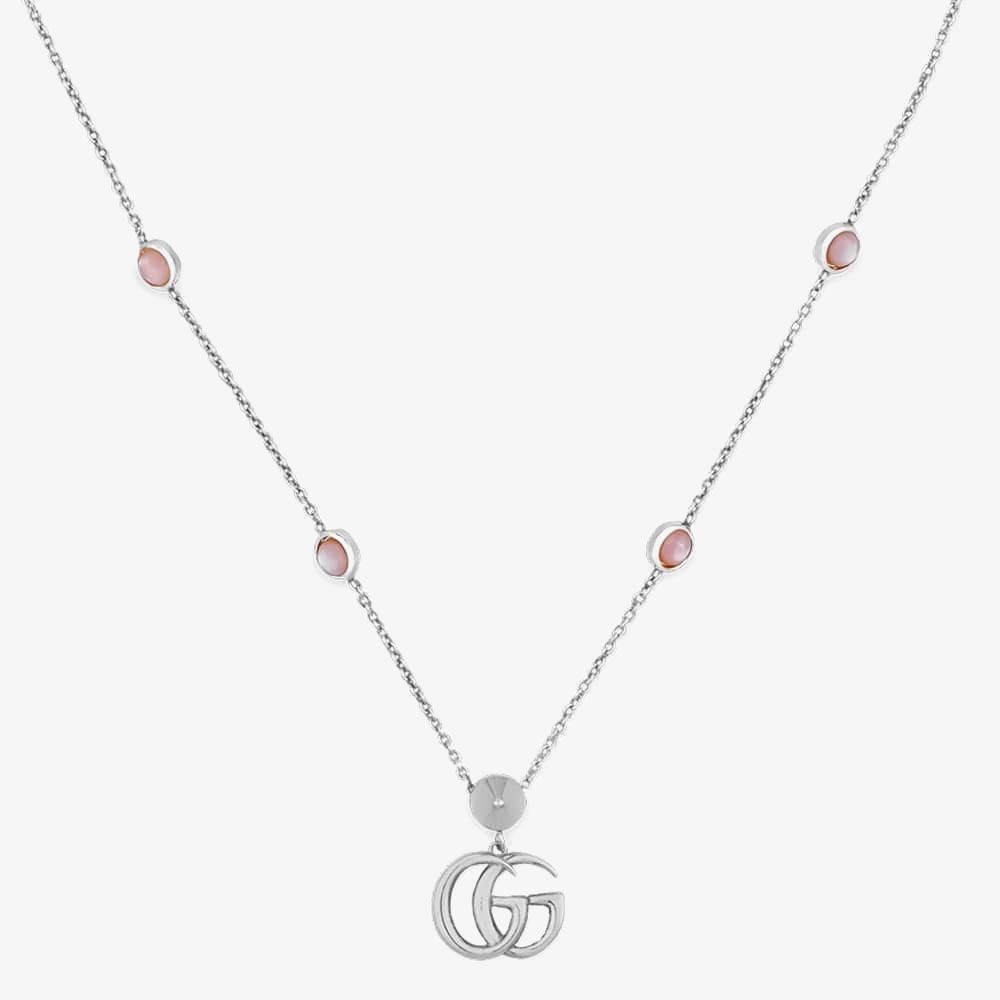 GUCCI 古馳 雙G鎖骨鍊 粉紅珍珠母貝 925純銀