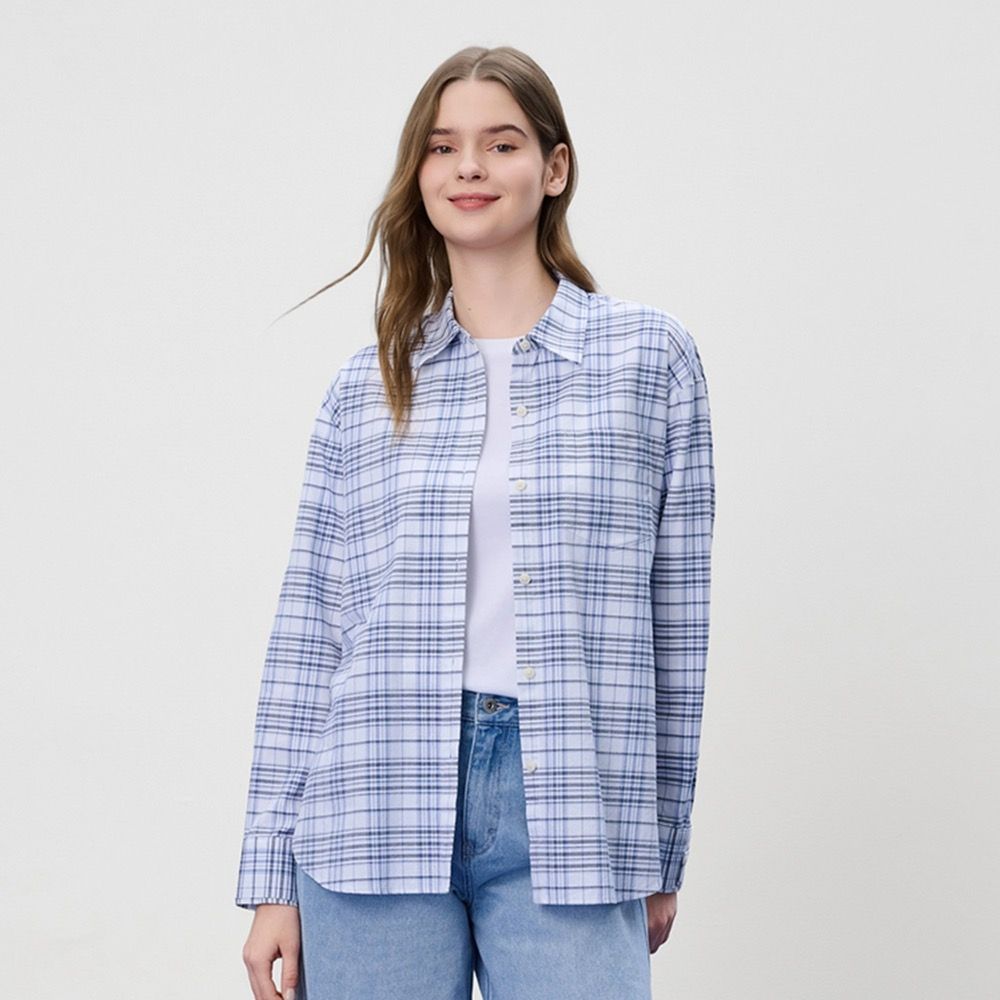 GIORDANO 女款全棉牛津紡寬鬆襯衫外套 - 97 藍白格紋 (97 藍白格紋)