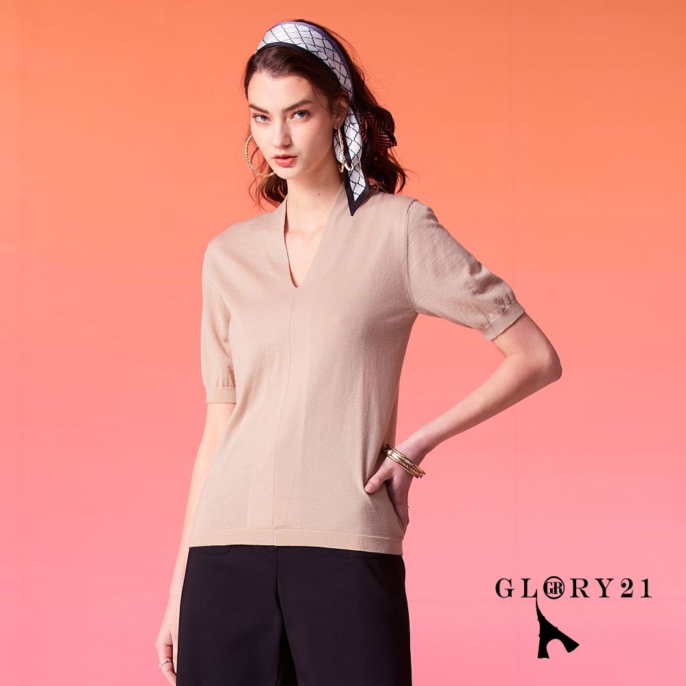 【GLORY21】網路獨賣款-etc.優雅V領短袖針織上衣-卡其