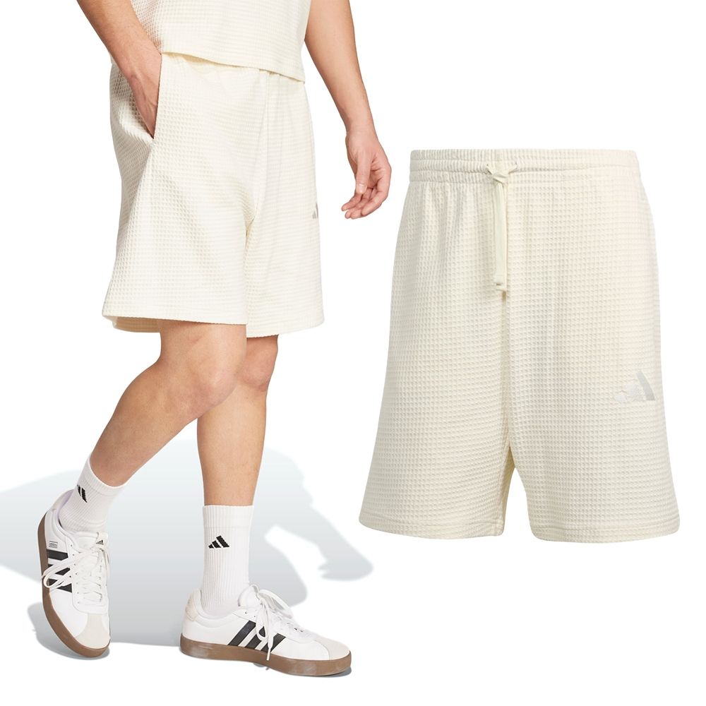 Adidas M A SZN M SH 男款 米白色 寬鬆 純棉 華夫格 針織 7吋 短褲 JL6562