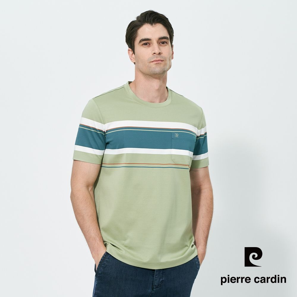 pierre cardin 皮爾卡登 男款 抗菌定位橫條短袖圓領上衣-綠色(5257283-43)