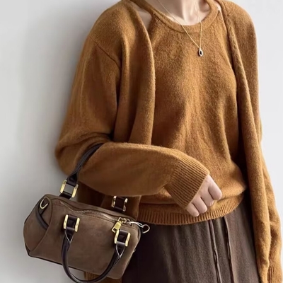 La Belleza韓版素色開衫針織毛衣外套+削肩套頸吊帶毛料針織背心兩件式