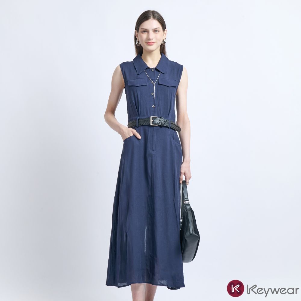 KeyWear奇威名品    知性翻領半開襟無袖洋裝(共3色)-深藍色