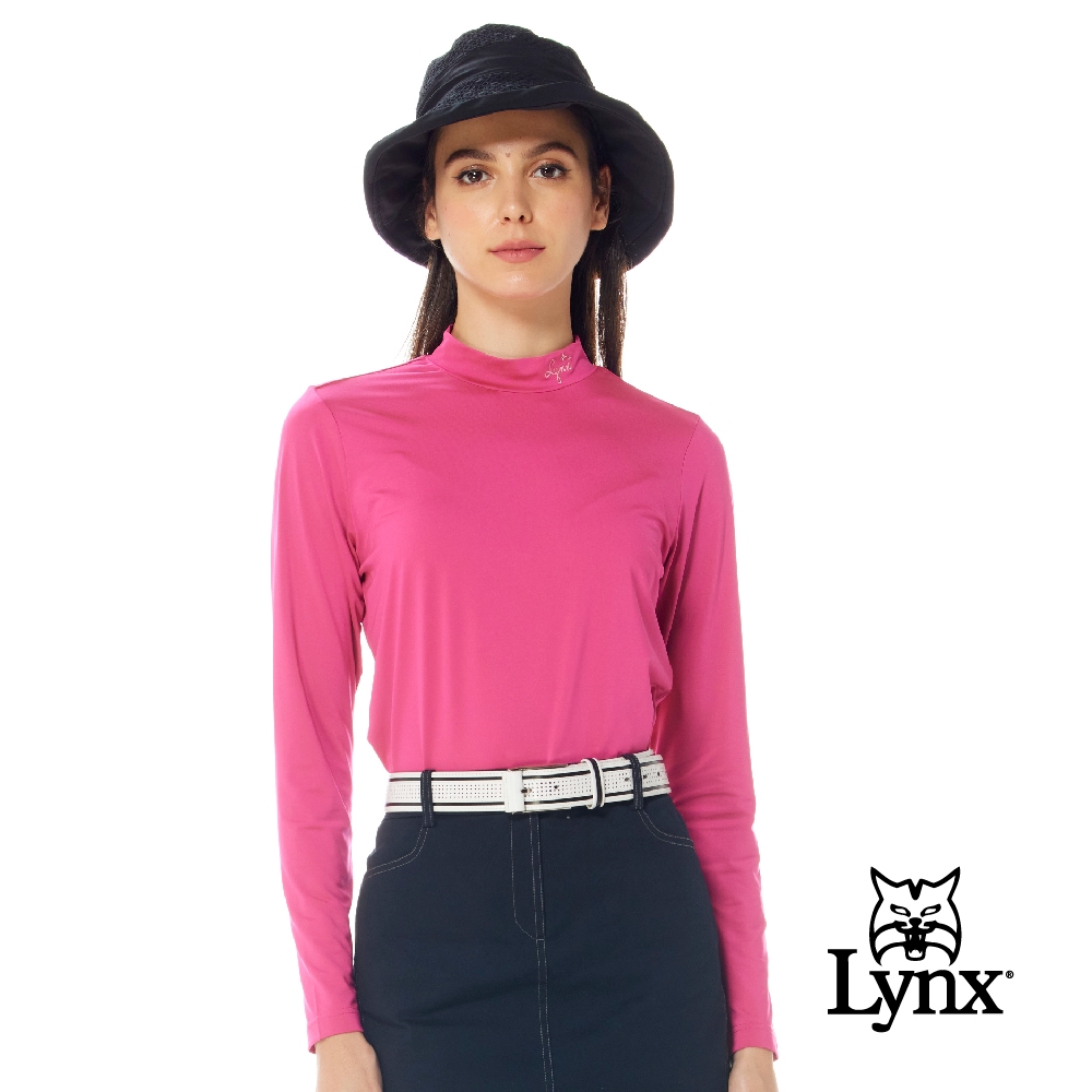 【Lynx Golf】女款保暖抗靜電石墨烯材質袖口印花內搭式長袖POLO衫/高爾夫球衫(二色) (桃紅色)