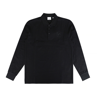 BURBERRY刺繡B字方框LOGO設計純棉長袖POLO衫(男款/黑)