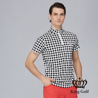 【KING GOLF】網路獨賣款-男款經典格紋開襟亨利領POLO衫/高爾夫球衫-黑