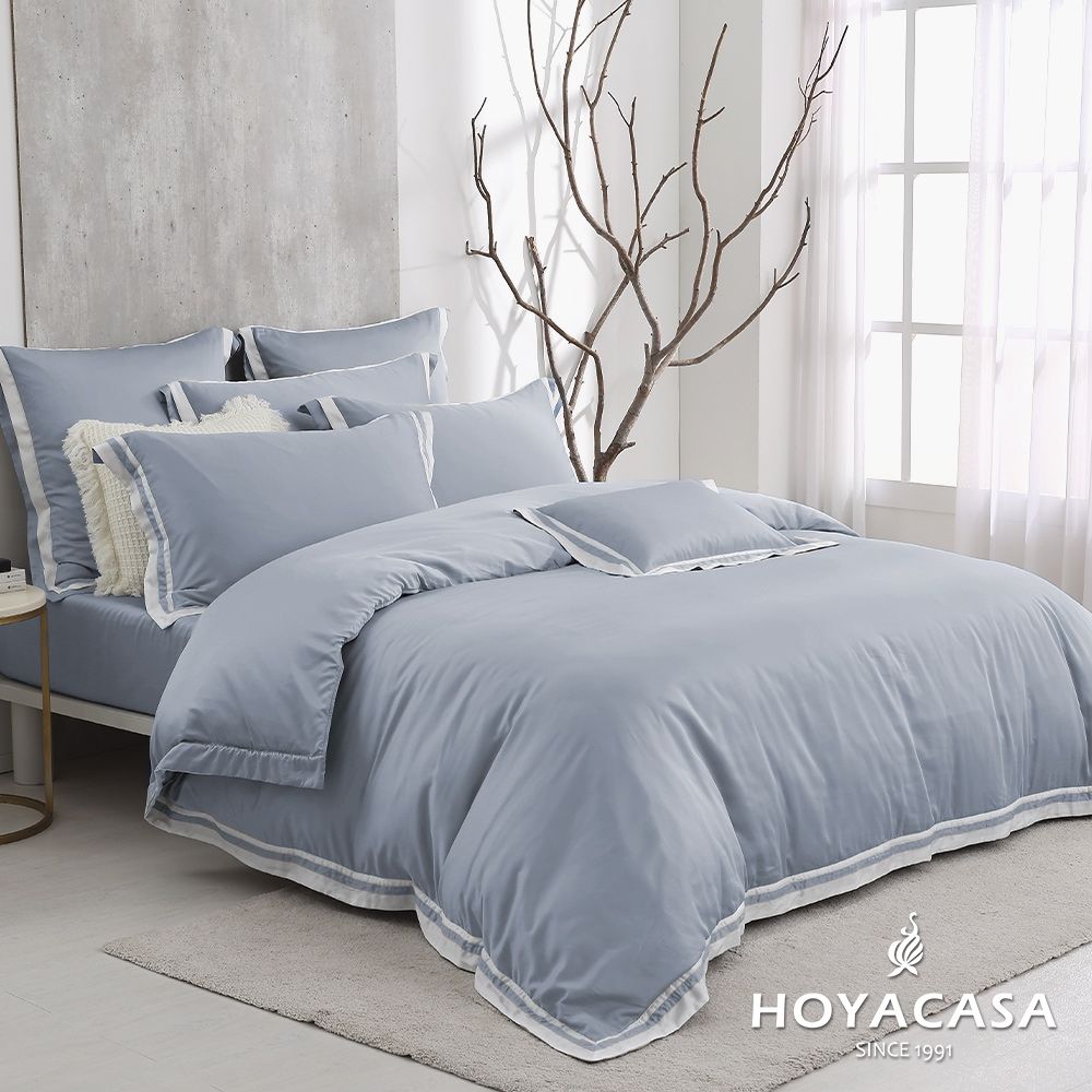 HOYACASA清淺典雅  60支萊賽爾天絲兩用被套床包六件組-冰晶藍-特大