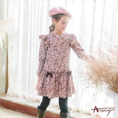 Annys安妮公主-復古風滿版印花荷葉袖造型秋冬款長袖洋裝*3226咖啡