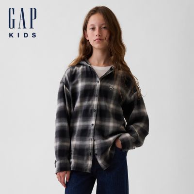 【GAP】兒童加大版連帽法蘭絨襯衫-灰色格紋(910778)