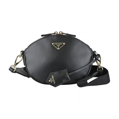 PRADA 標誌性三角鐵牌LOGO小牛皮內襯緹花布拉鍊肩背斜背包(迷你/黑)