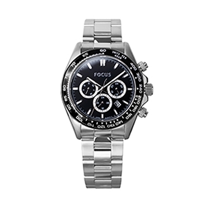 FOCUS Wheel of Time Watch 時光之輪系列-FC0001-88｜黑圈黑麵三眼不鏽鋼帶/44mm