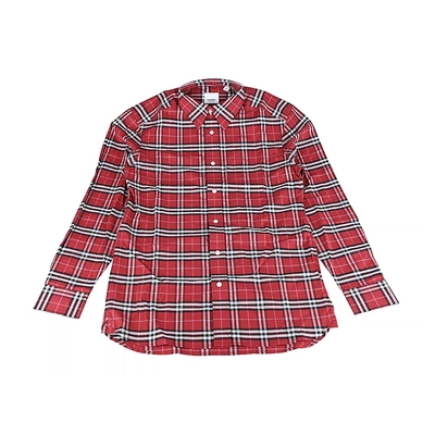 BURBERRY布標繡黑字LOGO棉質7鈕釦長袖襯衫(男款/紅)