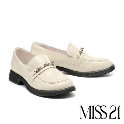 厚底鞋 MISS 21 復古漂亮愛心金屬鍊牛皮樂福厚底鞋-米白