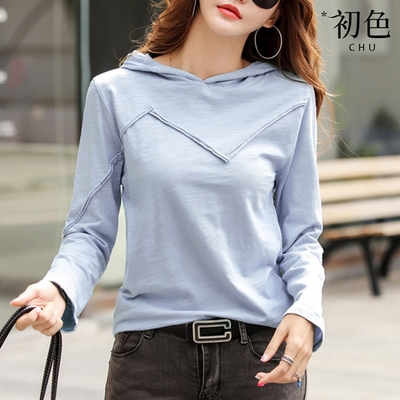 初色 純色造型線條寬鬆長袖連帽T恤上衣女上衣-共4色-38257(M-3XL可選/現貨+預購)