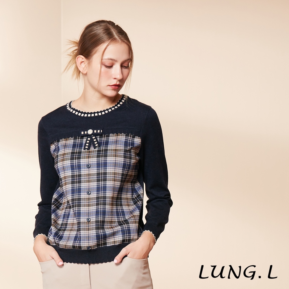 LUNG.L林佳樺 藍色素面拼接格紋長袖女裝毛衣L837A