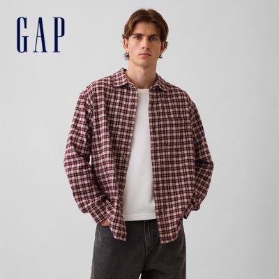 【GAP】寬鬆法蘭絨襯衫-酒紅紫(904948)