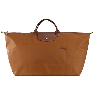 LONGCHAMP LE PLIAGE GREEN系列刺繡短把再生尼龍摺疊旅行袋(特大/白蘭地酒)