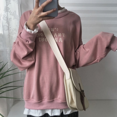 La Belleza假兩件英文字白色雙層領口袖子下擺拼接白色長版衛衣