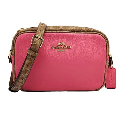 COACH 經典C LOGO斜背包/相機包(焦糖/粉)