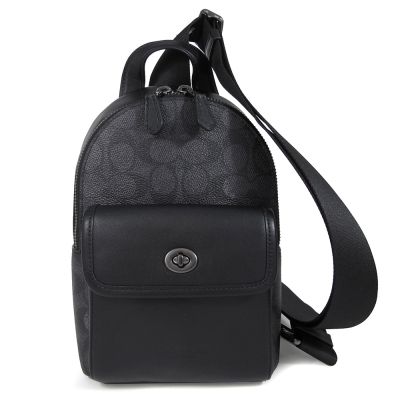 COACH 經典LOGO塗層帆布異材質拼接旋轉鎖釦前袋式單肩包(碳黑色/小)