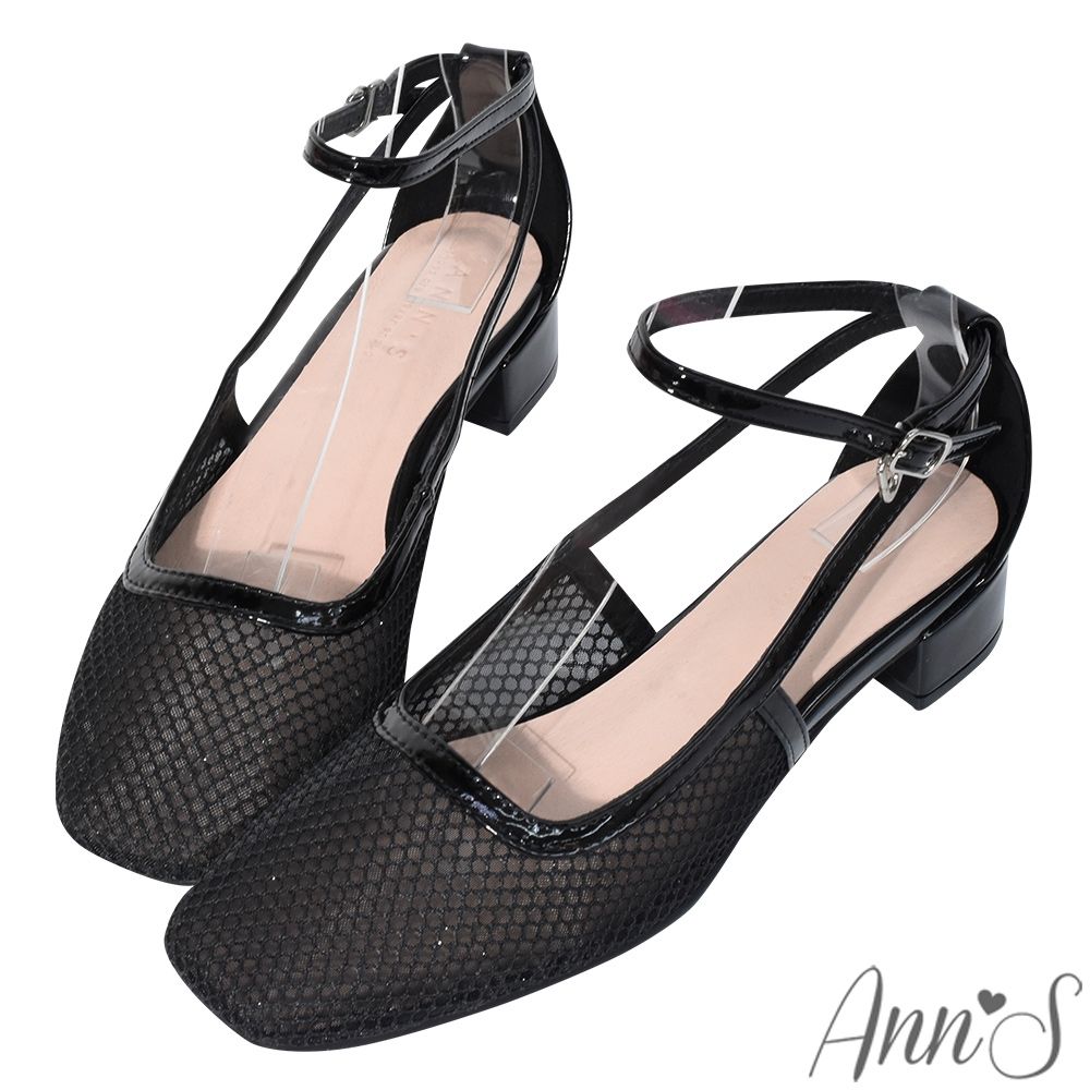 Ann’S亮眼時髦-訂製網紗繫帶方頭粗跟跟鞋3cm-黑