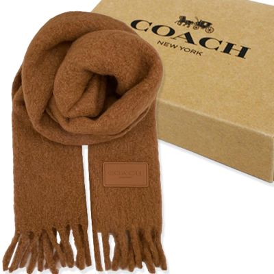 COACH 新款方標LOGO雙面羊駝毛流蘇保暖圍巾禮盒(棕色)