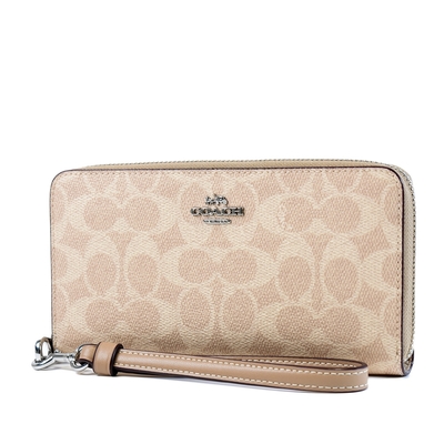 COACH 緹花LOGO防刮皮革手掛式拉鍊長夾-灰褐