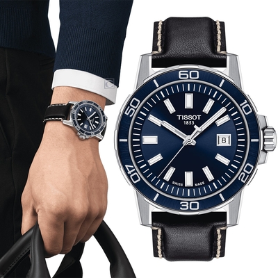 TISSOT 天梭 官方授權SUPERSPORT GENT 紳士運動時尚錶-T1256101604100藍/皮帶錶 畢業禮物首選