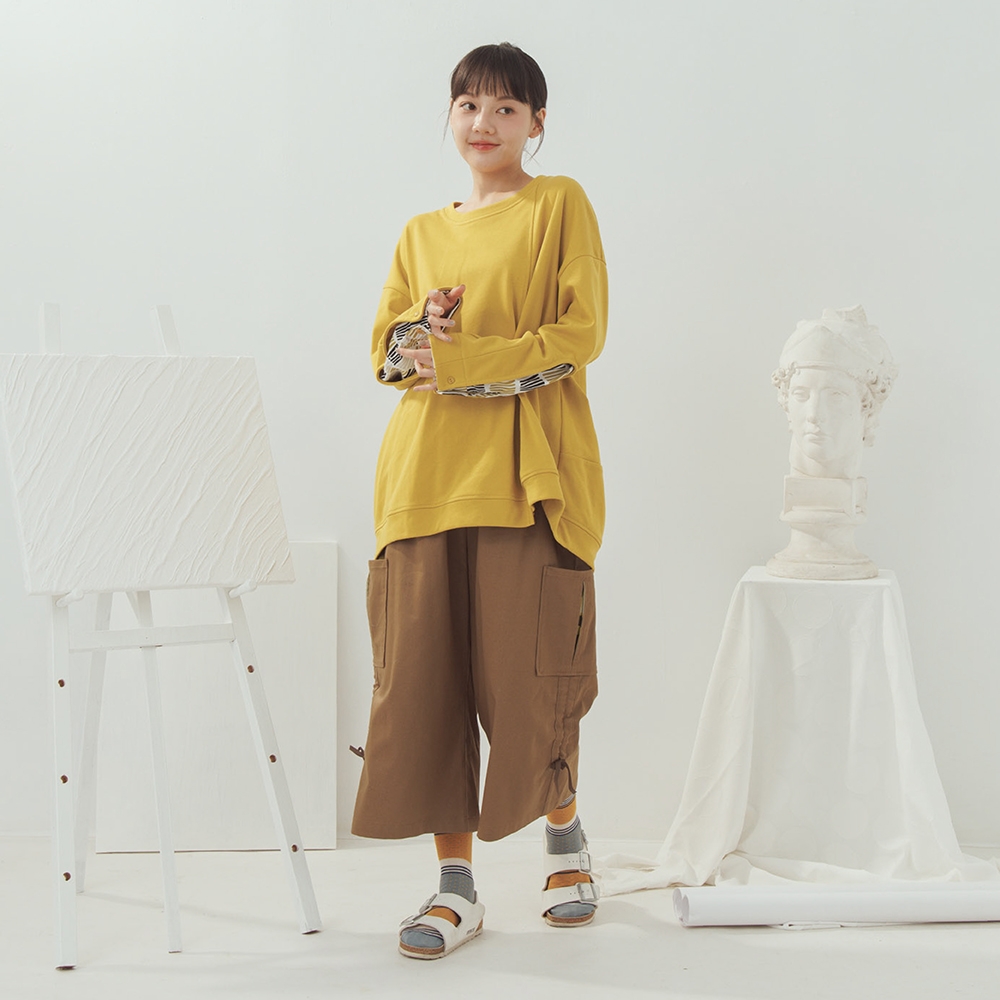 【MOSS CLUB】柔軟仿牛仔台灣布拼印花布長寬褲 藍 黑 咖