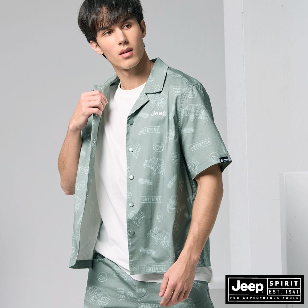 JEEP 男裝 滿版吉普車印花古巴西領襯衫-綠色