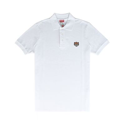 KENZO Happy Tiger黑字針繡LOGO老虎圖騰純棉短袖Polo衫(白/男款)