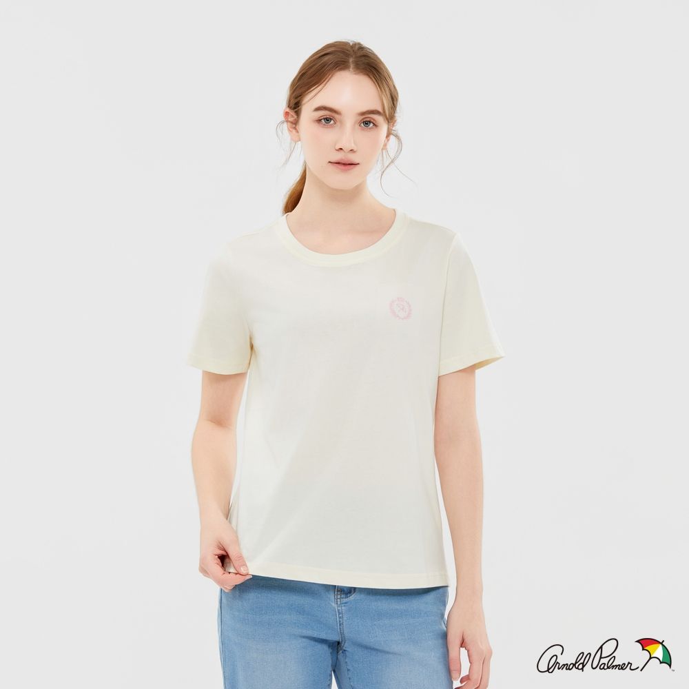 【Arnold Palmer 雨傘】女裝-經典小傘繡花圓領T-shirt（淡黃色）