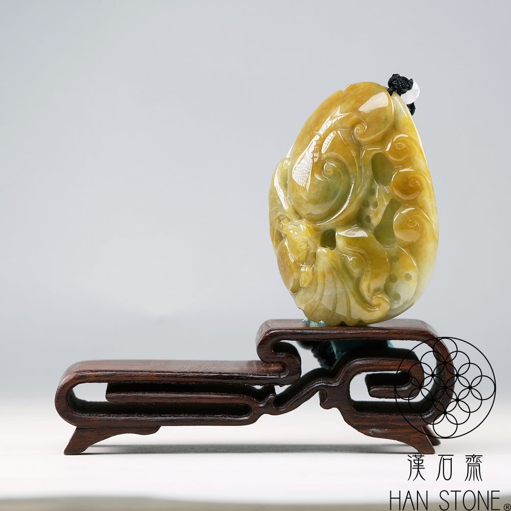 漢石齋】天然翡翠A貨如意蝙蝠玉佩吊墜飄花種帶黃翡(41*50*17mm) | 漢石