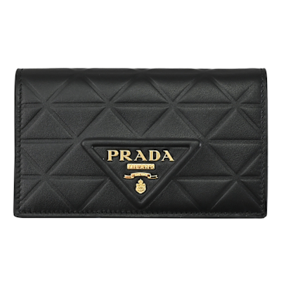 PRADA 經典浮雕LOGO三角壓紋牛皮對開中夾(黑色)