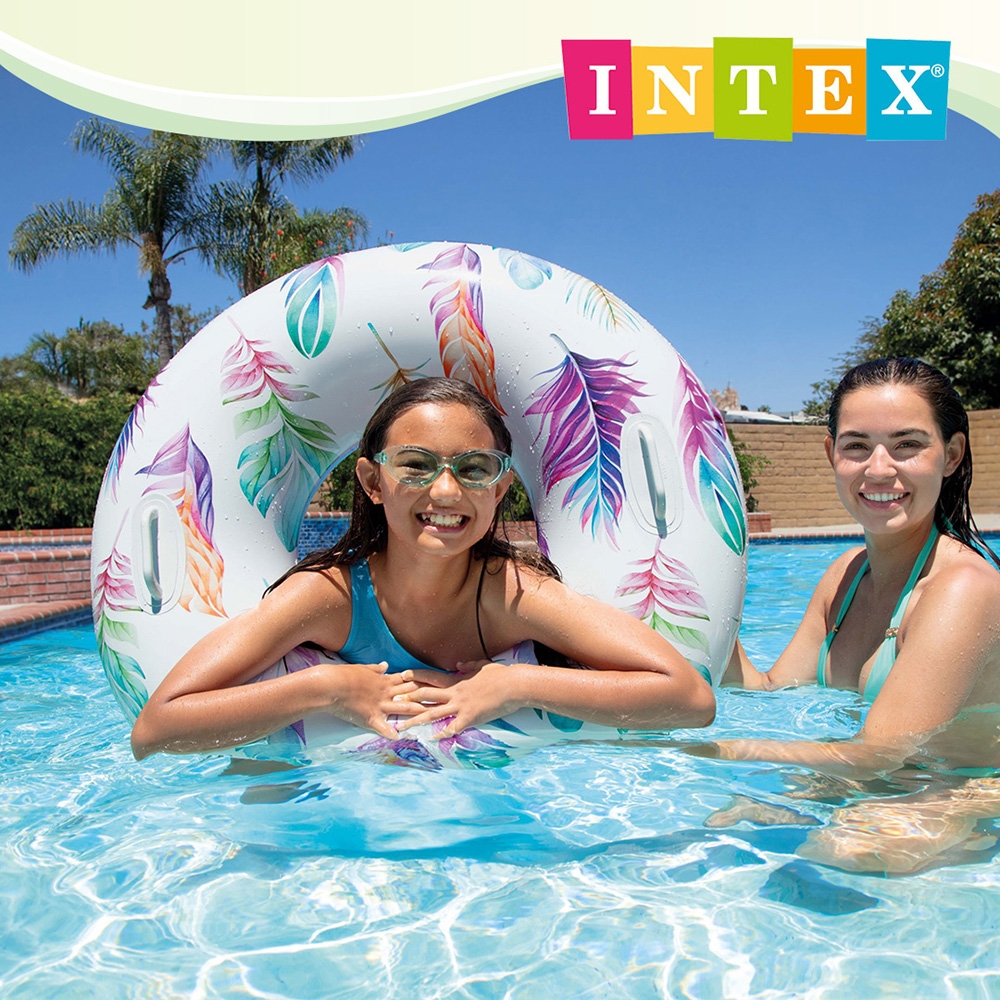 INTEX 熱帶風格雙握把充氣泳圈-直徑97cm-3款可選 適9歲以上(58263)