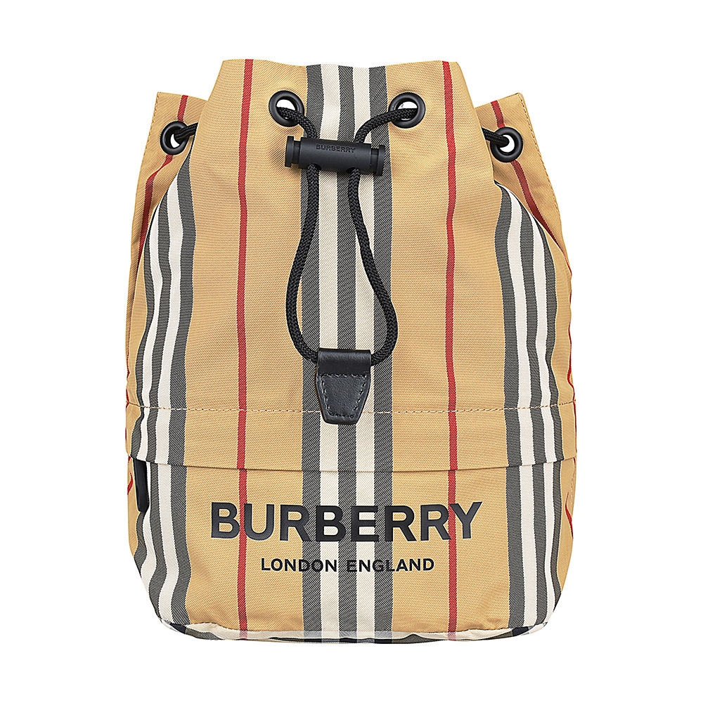 BURBERRY 巴寶莉 黑字字母LOGO條紋設計尼龍束口收納水桶包(典藏米)