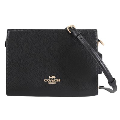 COACH 金屬LOGO荔紋皮革迷你拉鍊斜背方包(黑)