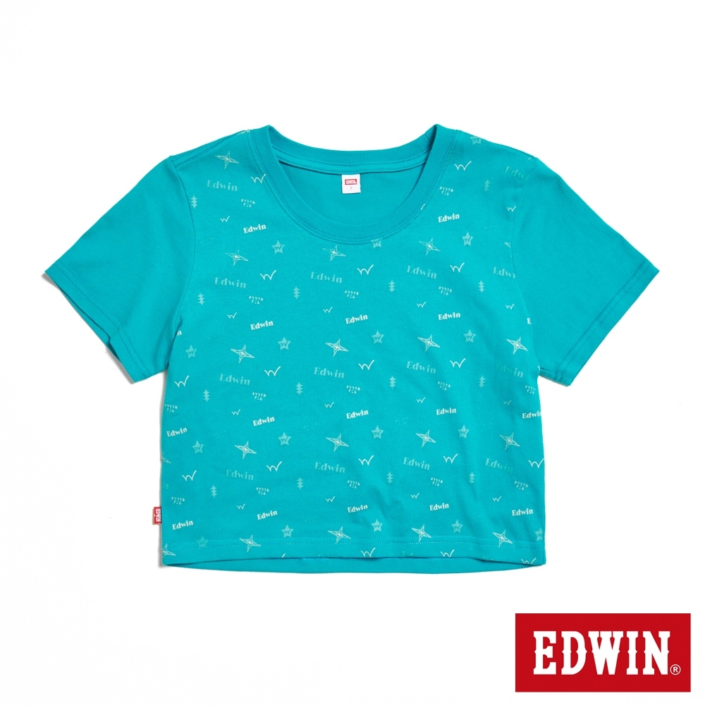 EDWIN 女裝 滿版印花短版短袖T恤-土耳其藍