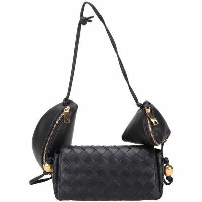 BOTTEGA VENETA 寶緹嘉 BV Pouch On Strap 三合一小羊皮扭結繩編織翻蓋斜背包(黑色)