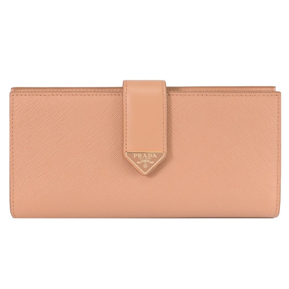 PRADA 金屬三角LOGO牛皮對開扣式零錢長夾(淺咖)