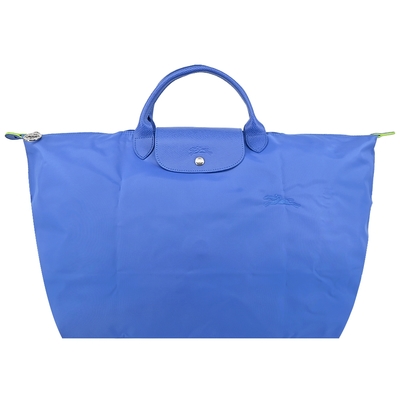 LONGCHAMP LE PLIAGE GREEN系列刺繡短把再生尼龍摺疊旅行袋(大/矢車菊藍)
