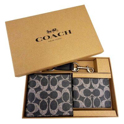 COACH 男款8卡短夾附鑰匙圈活動證件夾禮盒(C LOGO-墨藍)